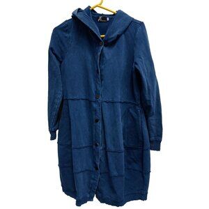 Fenini Lagenlook BOHO Jacket Womens Small Blue Tiered Hooded Button Front Casual